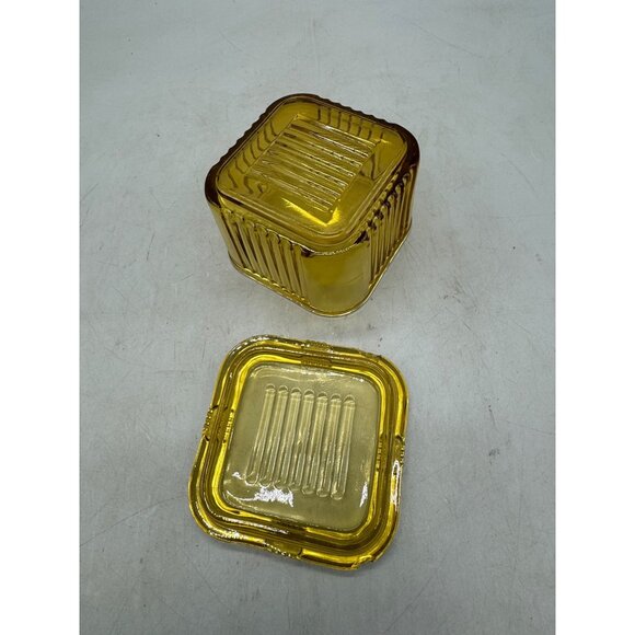 Vintage Square Federal Glass Yellow Ribbed Refrigerator Lidded Box 4"x4" READ - Picture 5 of 5